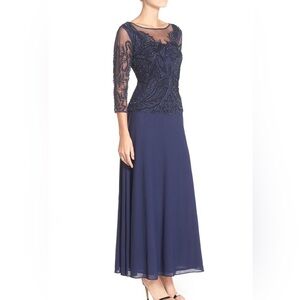 Pisarro Nights Illusion Neck Beaded A-Line Gown‎ 3/4 Sleeves Navy  Formal dress